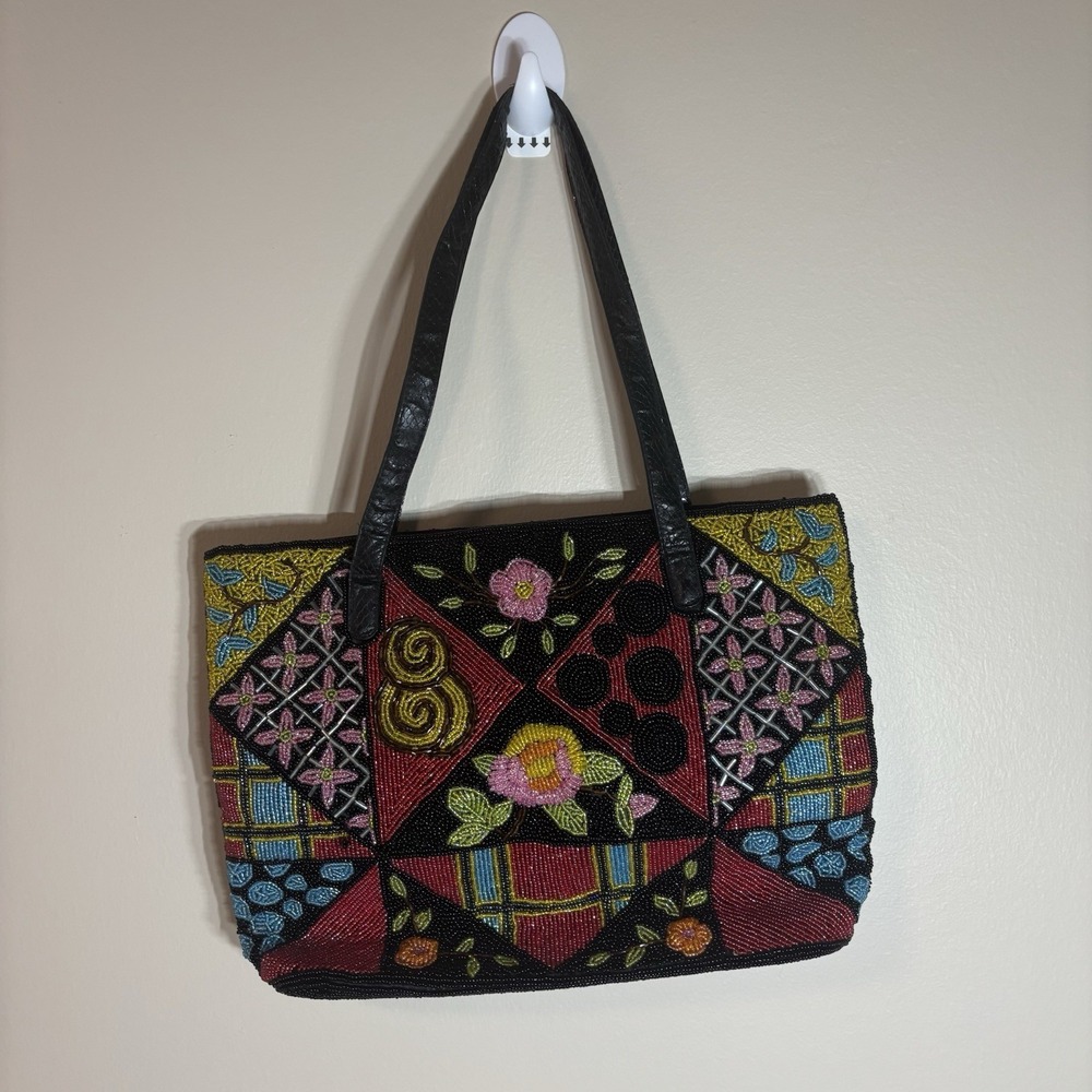 Colorful Hand Beaded Boho Tote Shoulder Handbag Purse Floral
